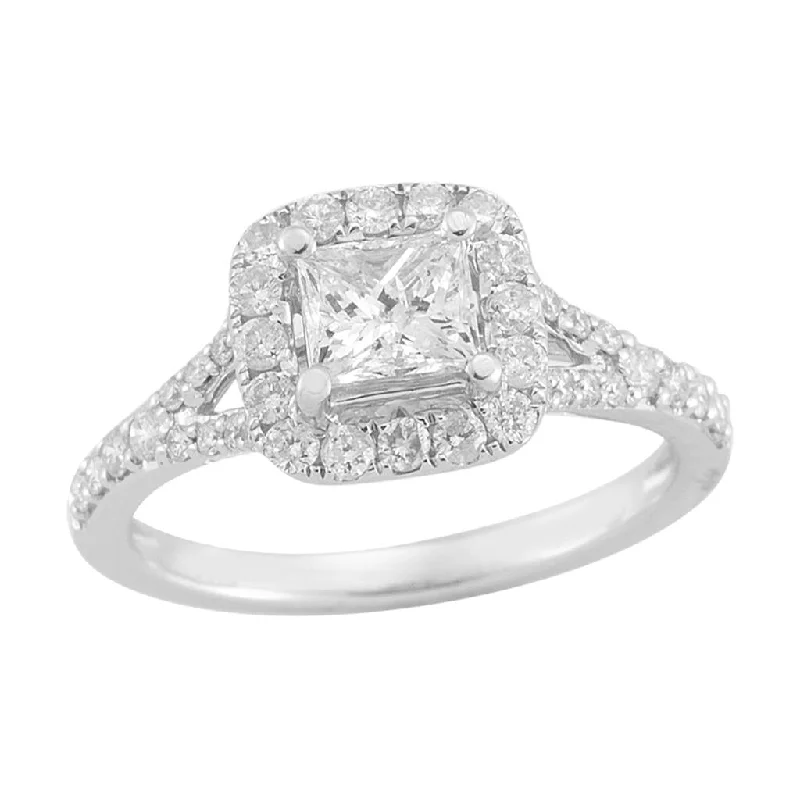 14K White Gold 0.53Ct Princess Diamond Split Shank Halo Engagement Ring