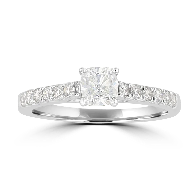 14KT White Gold 3/4 CTW Cushion Diamond Cathedral Ring