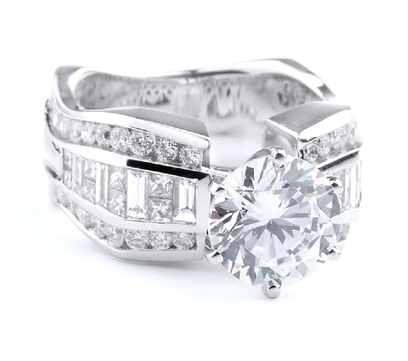 18K White Gold Wide Band Round Diamond Engagement Ring