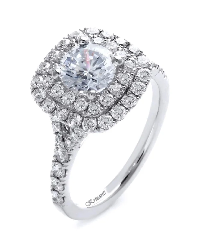 18K White Gold Split Shank Double Halo Round Diamond Engagement Ring