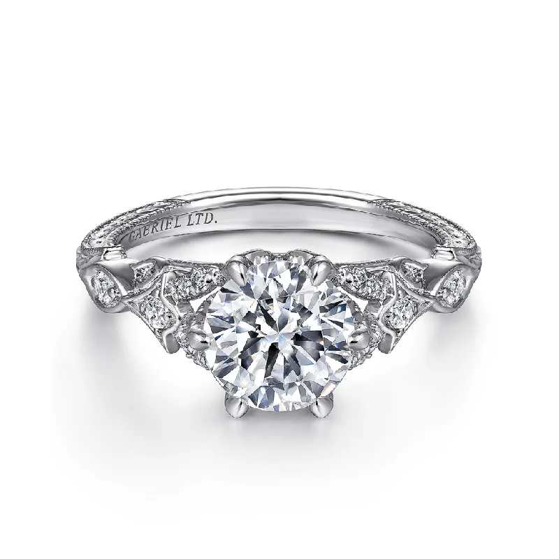 18K White Gold 'Indira' Vintage Inspiration Round Diamond Engagement Ring