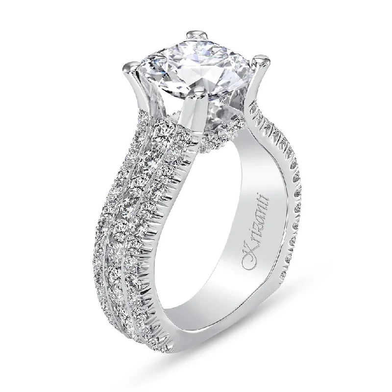 18K White Gold Wide Band Round Diamond Engagement Ring