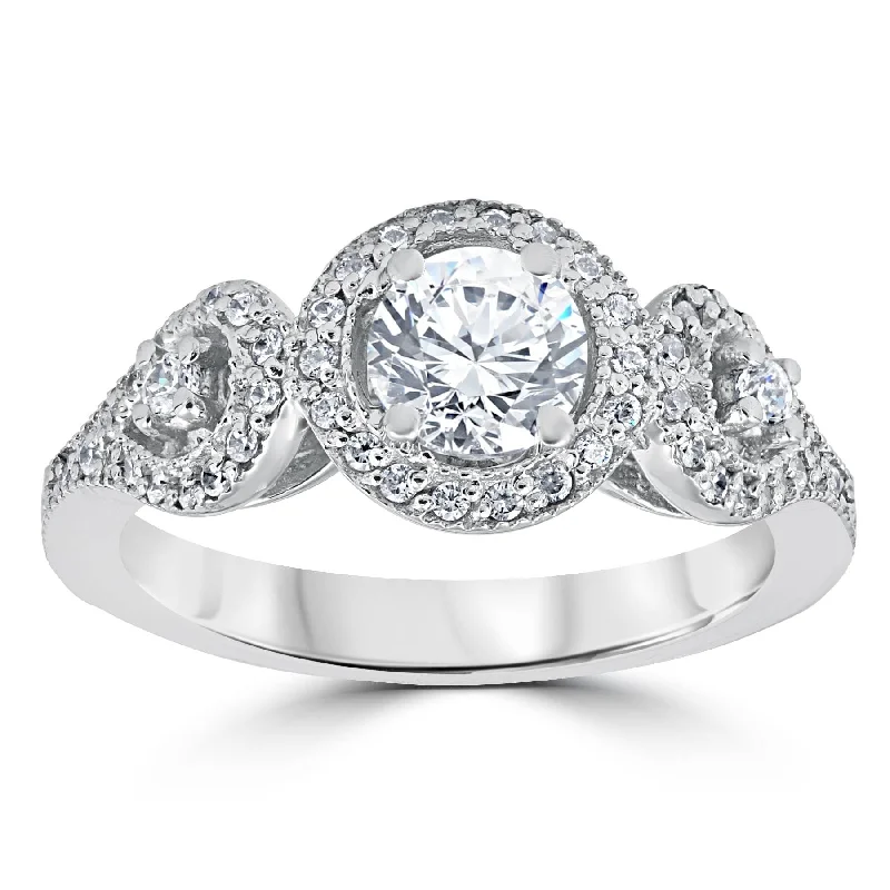 1ct Diamond Engagement Ring Three Stone Pave Halo Ring White Gold