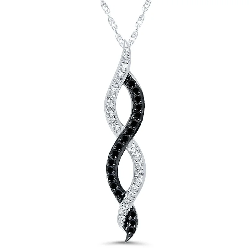 Black and White Diamond Twist Crossover Pendant Necklace in 10k White Gold