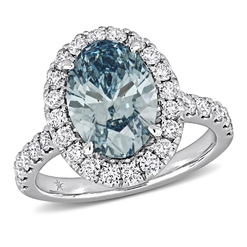 Created Forever 4ct TW Lab Grown Blue and White Diamond Halo Ring in 14k White Gold