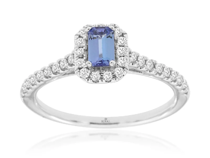 Emerald Cut Blue Tanzanite Diamond Halo Ring in 14k White Gold