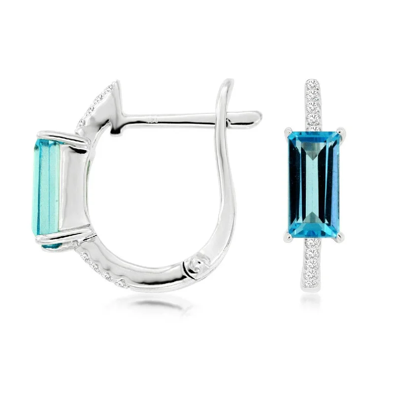 Emerald Cut Blue Topaz Diamond Pave Huggie Hoop Earrings in White Gold