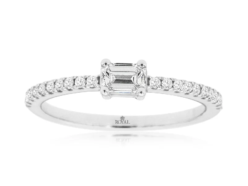 Emerald Cut Diamond Pave Engagement Ring in 14k White Gold, 0.42cttw