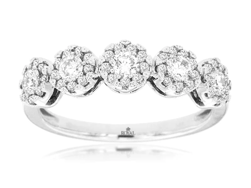 Five Round Diamond Halo Wedding Band in 14k White Gold, 0.75cttw