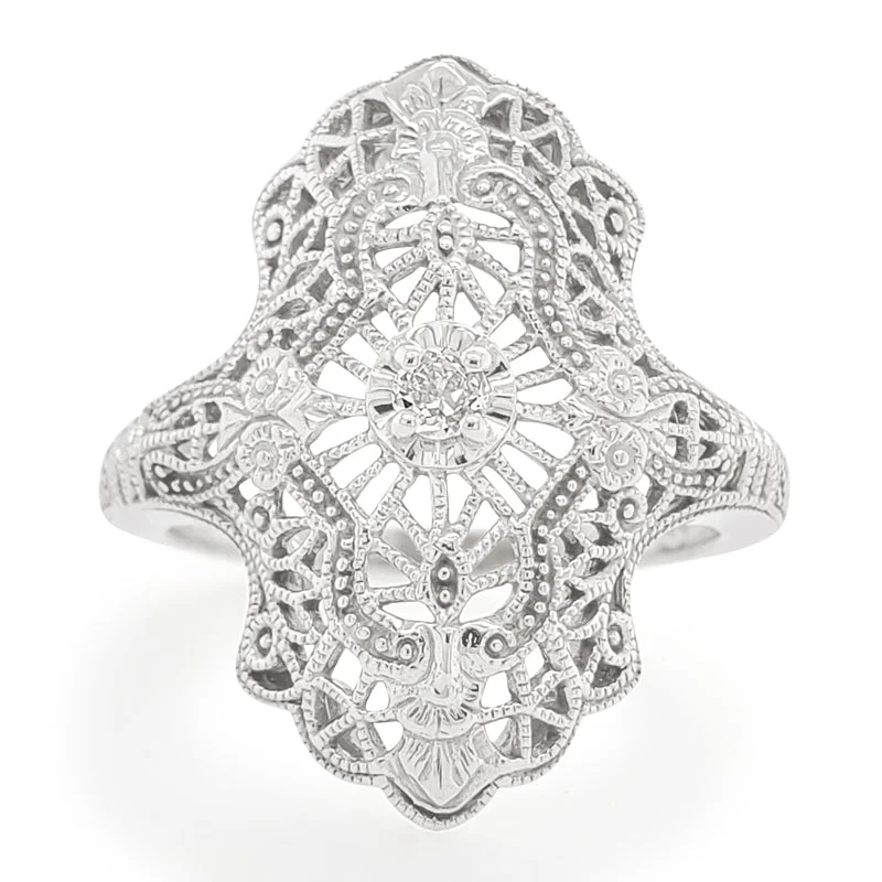 Intricate Lacy Filigree Diamond Ring in 10k White Gold, 0.05 cttw