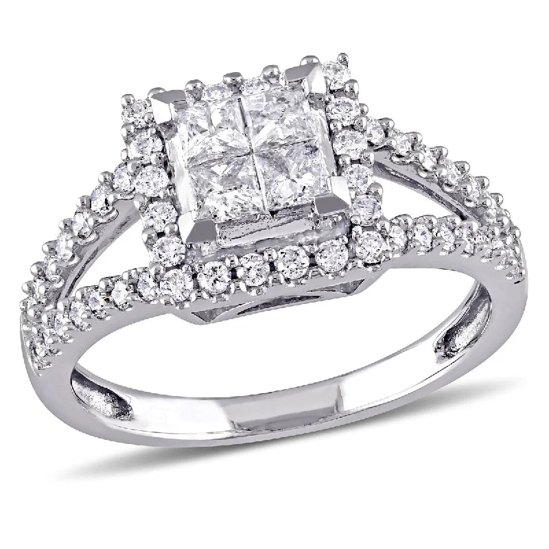 Miadora 1ct TW Princess Cut Quad Round Diamond Halo Split Shank Engagement Ring in 14k White Gold