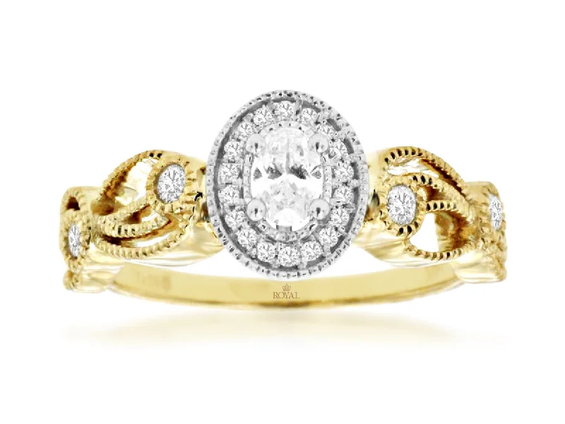 Open Swirl Oval Diamond Halo Engagement Ring in 14k Yellow and White Gold, 0.40cttw