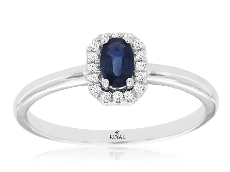 Oval Sapphire and Diamond Halo Ring in 14k White Gold