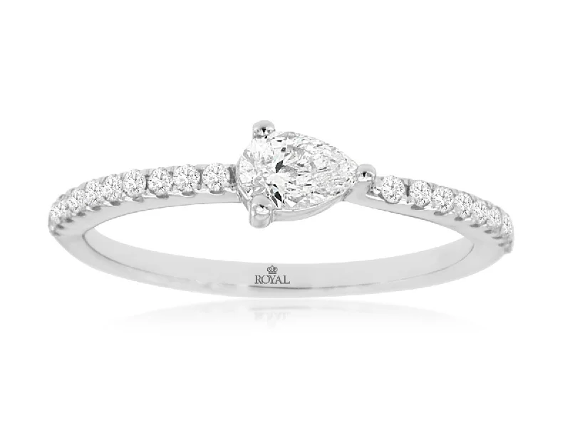 Pear Shaped Diamond Pave Engagement Ring in 14k White Gold, 0.42cttw