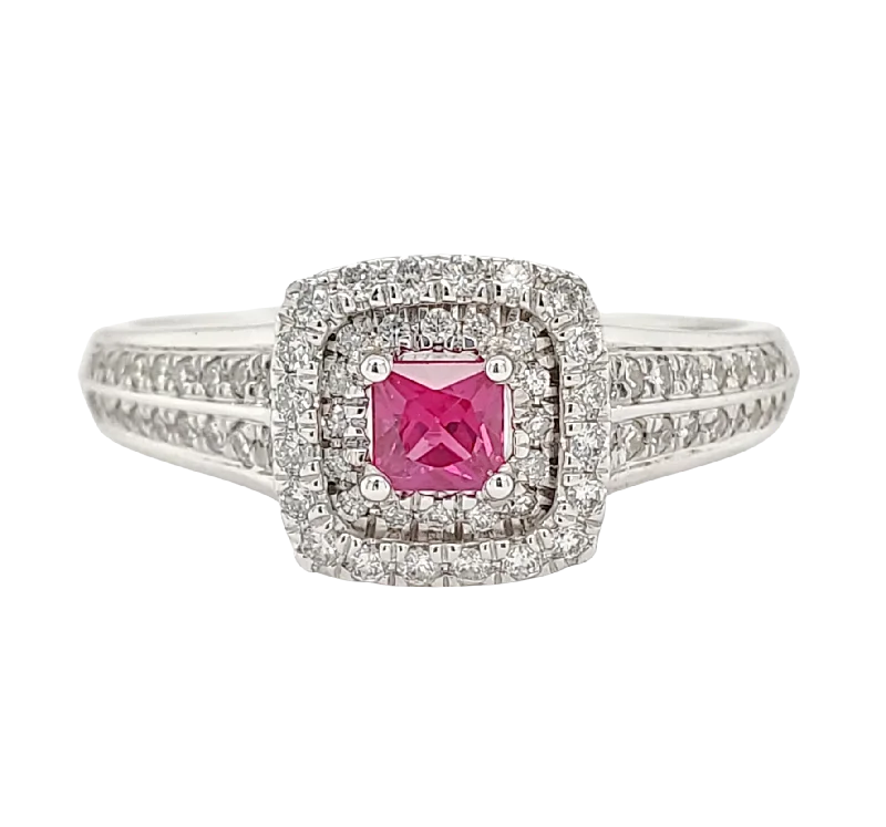 Princess Cut Double Diamond Halo Ruby Ring with Channel Set Diamond White Gold Band