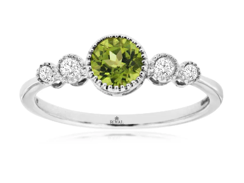 Round 5mm Peridot and Diamond Bezel Set Ring in 14k White Gold