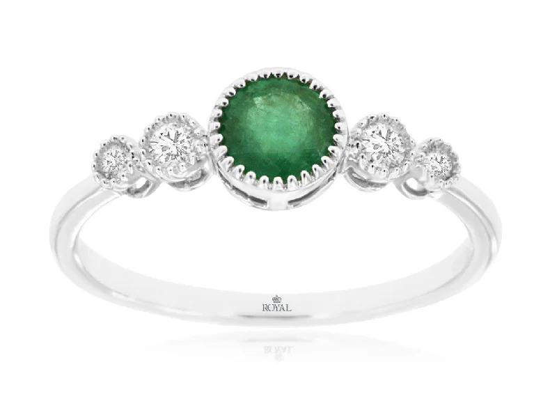 Round Emerald and Diamond Bezel Set Ring in 14k White Gold