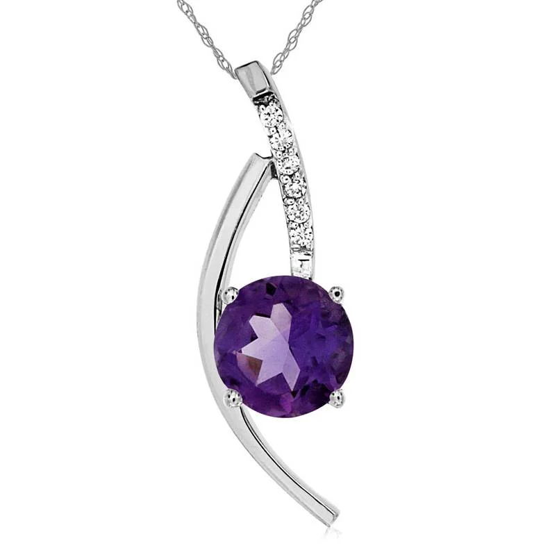 Round Purple Amethyst Crossover Pendant Necklace with Pave Diamonds in White Gold