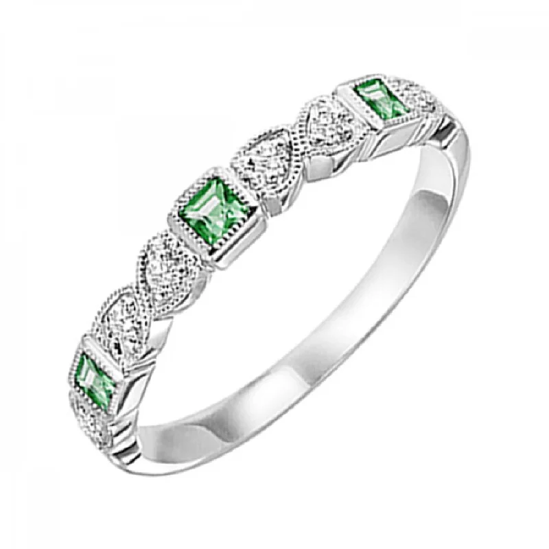 Stackable Princess Cut Emeralds and Round Diamond Ring Band in 10k White Gold