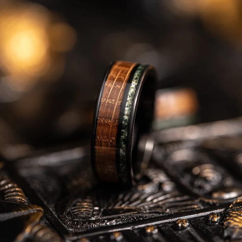 "Atlas"  Whisky Barrel x Moss Agate Black Tungsten Ring