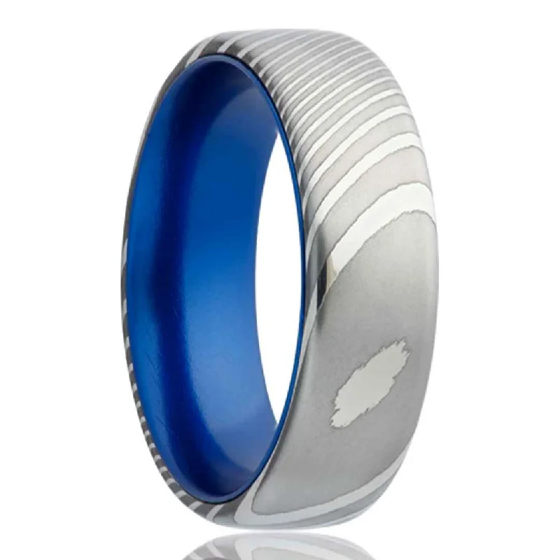 AXEL | Men's Damascus Steel Wedding Ring | Blue Inlay | 6mm & 8mm