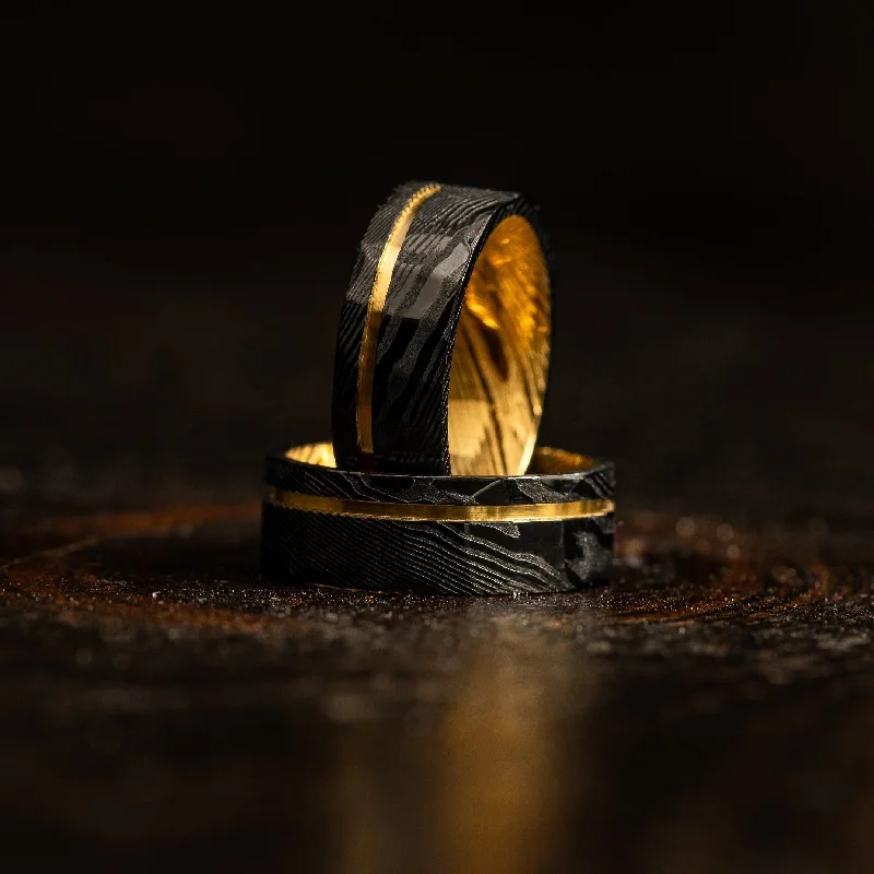 Black Hammered Flat "Poseidon" Yellow Gold Steel Ring