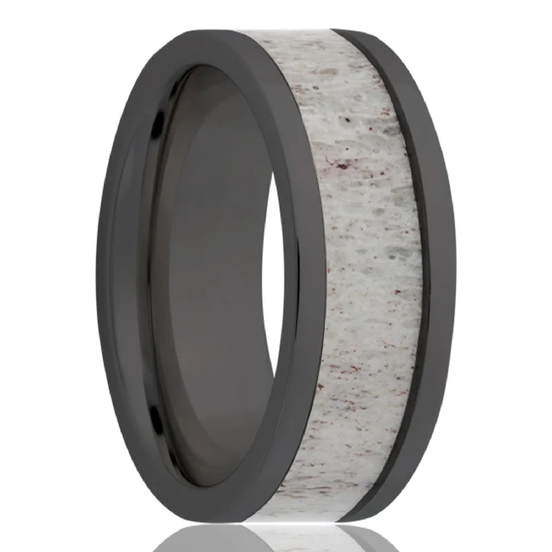 BURR | DEER ANTLER INLAY WEDDING RING | BLACK CERAMIC | 8MM