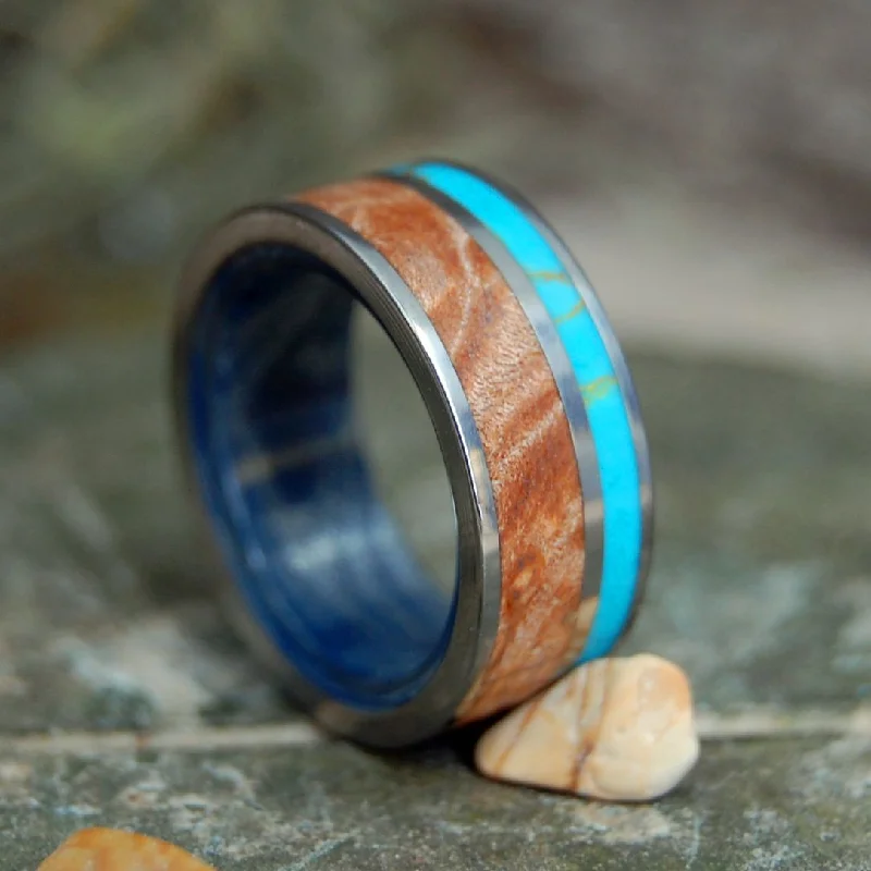 Clarity | Men's Mokume Gane, Maple, Tibetan Turquoise & Titanium Wedding Ring