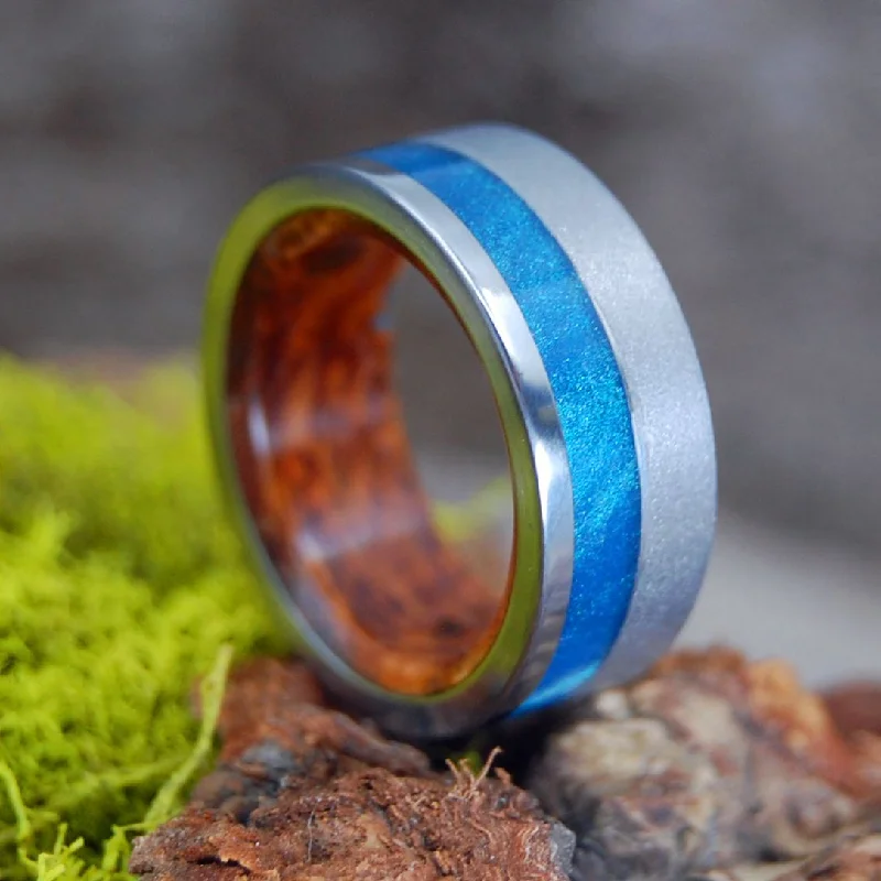 Butterflies | Men's Blue Sparkle Resin, Redwood & Titanium Engagement Ring