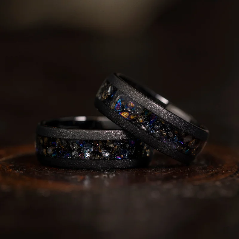 "Zeus" Domed Dark Nebula Ring- Meteorite and Opal- Black 8mm