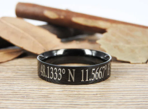 Custom Coordinate Jewelry - Engraved Titanium Rings Set - Coordinates Rings, Personalized Latitude Longitude Jewelry