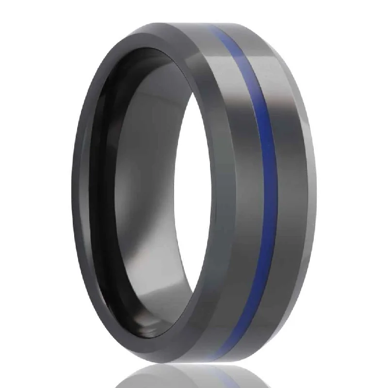 DAREN | Men's Black Ceramic Wedding Ring | Blue Line Inlay