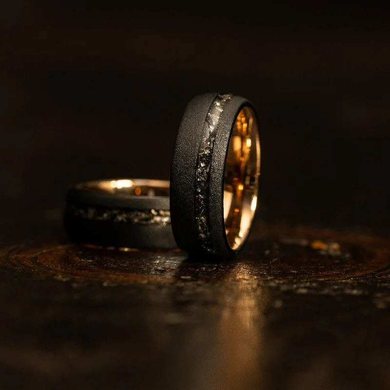 "Dionysus" Sandblasted Tungsten Carbide Ring- Black/Rose w/ Meteorite- 8mm