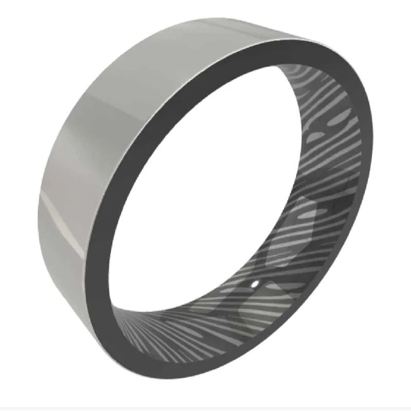 GREG | Men's Zirconium Wedding Ring | Damascus Steel Insert | Silver Polish Finish | 6mm & 8mm