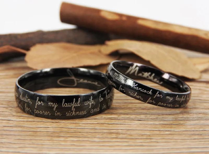 Handmade Your Marriage Vow & Signature Rings Wedding Rings, Black Matching Wedding Bands, Titanium Couple Rings Set