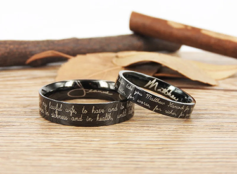 Handmade Your Marriage Vow & Signature Rings Wedding Rings, Black Matching Wedding Bands, Titanium Couple Rings Set