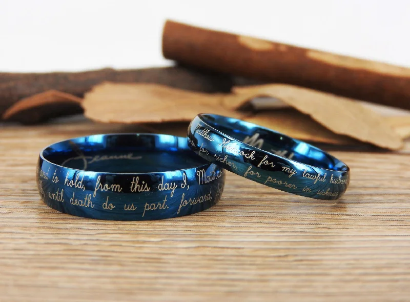 Handmade Your Marriage Vow & Signature Rings Wedding Rings, Blue Matching Wedding Bands, Titanium Couple Rings Set