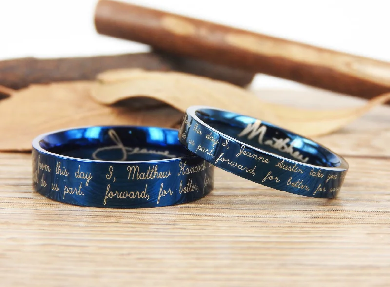 Handmade Your Marriage Vow & Signature Rings Wedding Rings, Blue Matching Wedding Bands, Titanium Couple Rings Set