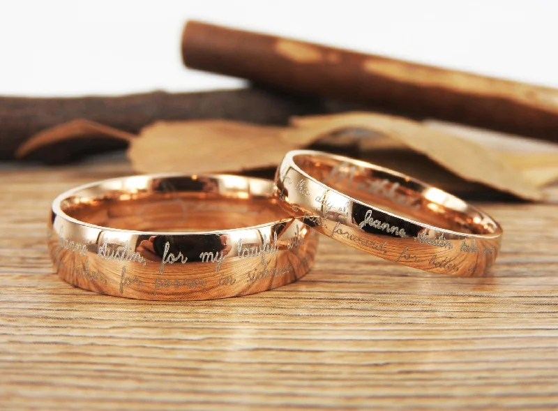 Handmade Your Marriage Vow & Signature Rings Wedding Rings, Rosa Gold Matching Wedding Bands, Titanium Couple Rings Set