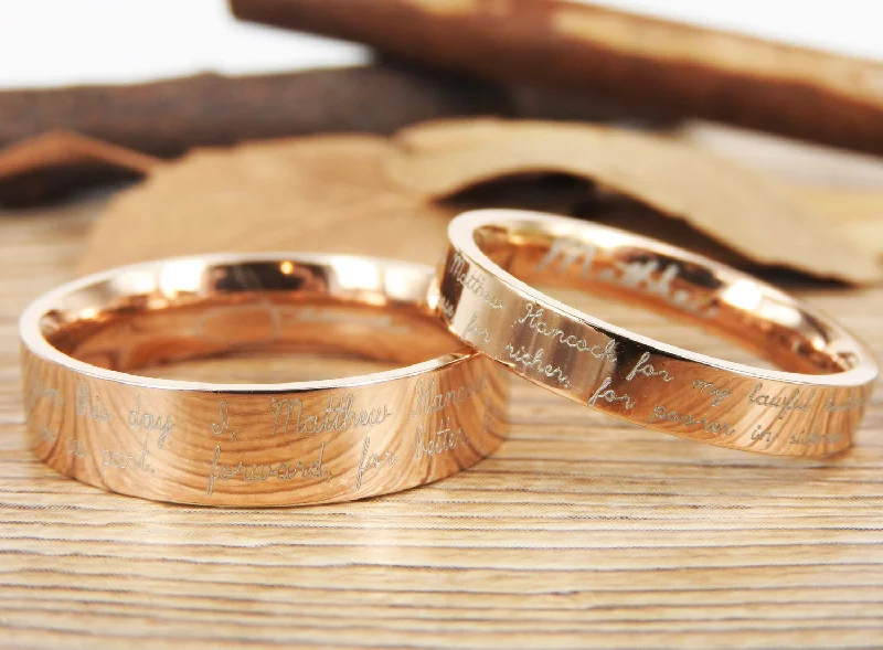 Handmade Your Marriage Vow & Signature Rings Wedding Rings, Rosa Gold Matching Wedding Bands, Titanium Couple Rings Set