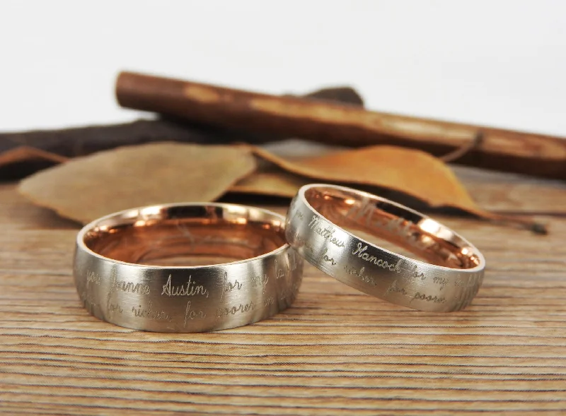 Handmade Your Marriage Vow & Signature Rings Wedding Rings, Two Tones Matching Wedding Bands, Titanium Couple Rings Set