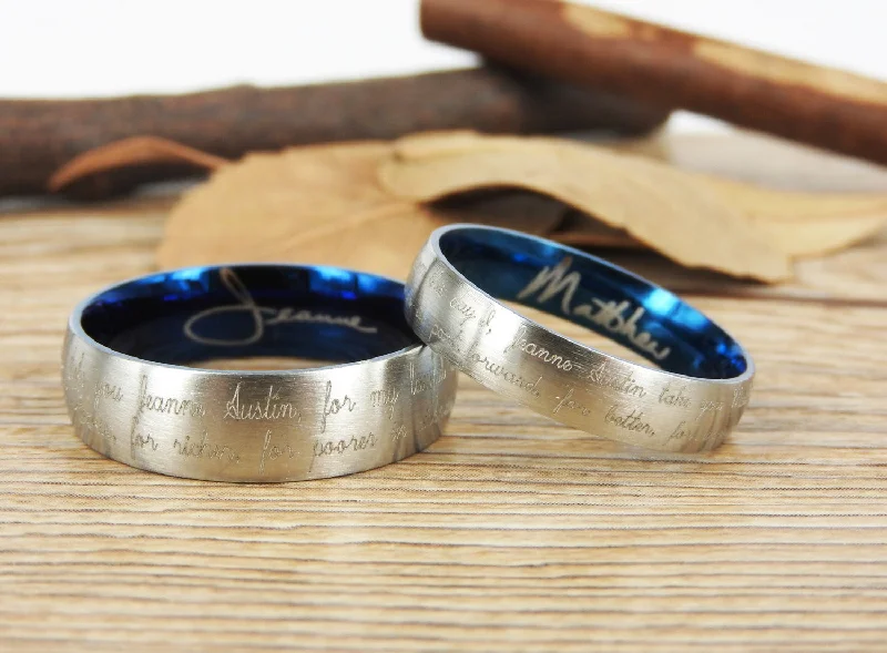 Handmade Your Marriage Vow & Signature Rings Wedding Rings, Two Tones Matching Wedding Bands, Titanium Couple Rings Set