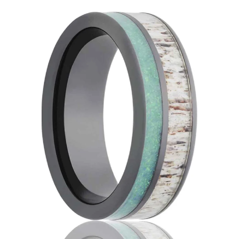 HUNTER | Men's Black Ceramic Wedding Ring | Opal Inlay | Antler Inlay | 8mm