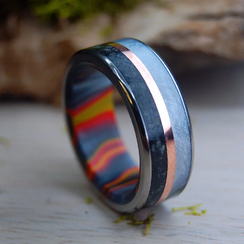 Icelandic Lava Solar Flare | Men's Copper, Gray Marbled Opalescent, Icelandic Lava & Titanium Wedding Ring