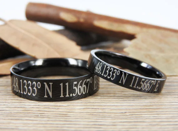 Latitude Longitude Jewelry Custom Coordinate Jewelry Engraved Titanium Rings Set - Coordinates Rings