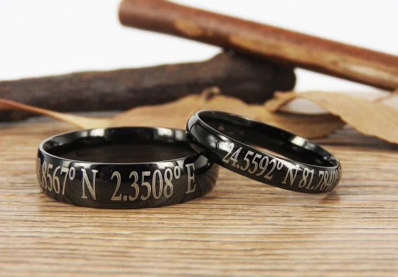 Latitude Longitude Ring, Custom Coordinate Jewelry - Engraved Titanium Rings Set - Coordinates Rings