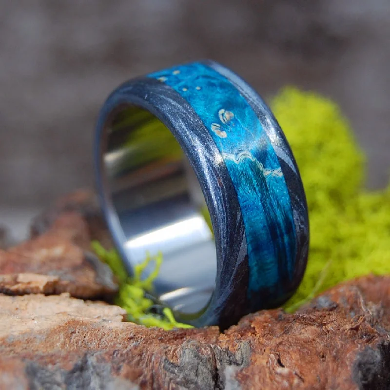 Light Greek God | Men's Turquoise Blue Box Elder Wood, Black M3 Titanium & Titanium Wedding Ring