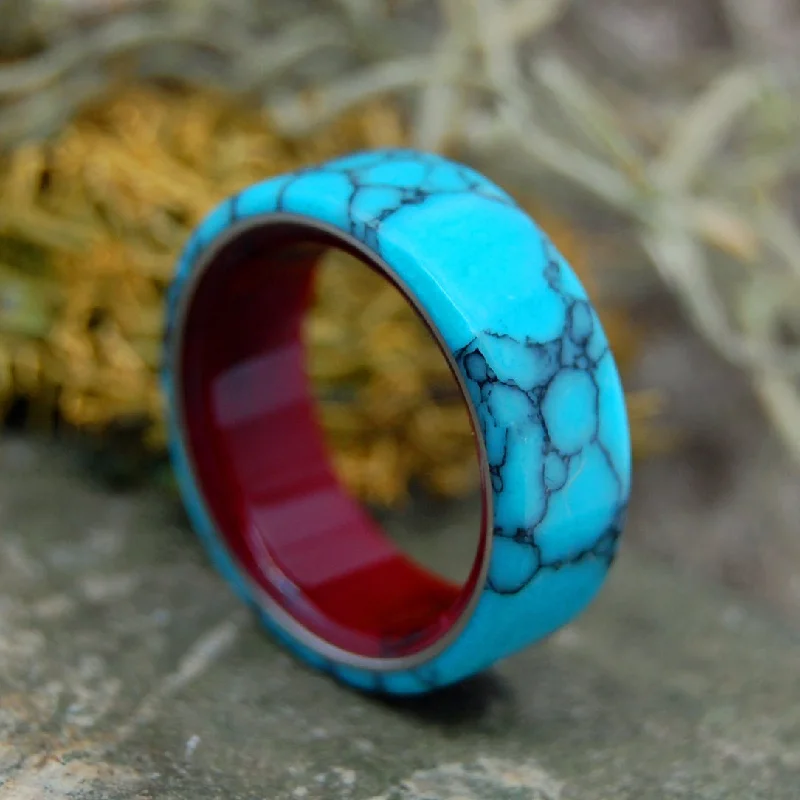 Blood Red Beneath | Men's Turquoise, Red Resin & Titanium Wedding Ring