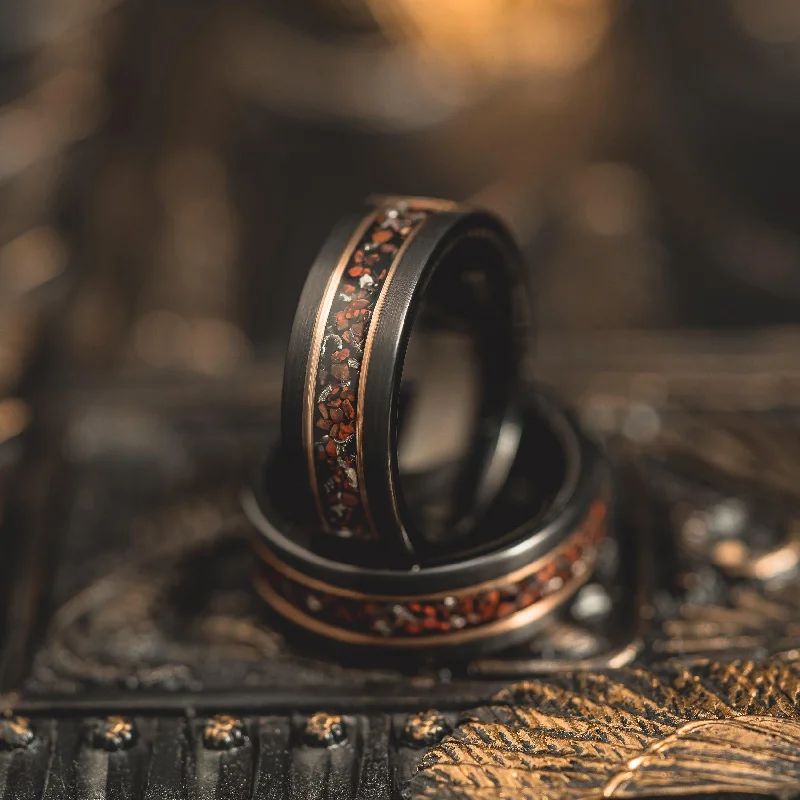 "Perseus" Black/Rose Flat Tungsten Carbide Ring- Dinosaur Bones and Meteorite- 8mm