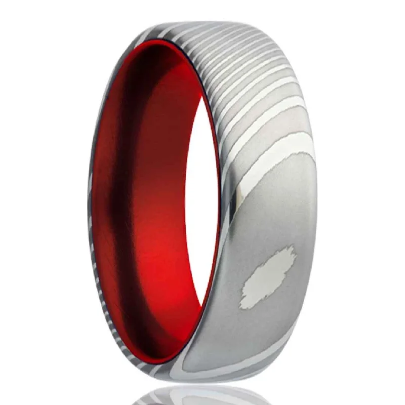 PHOENIX | Men's Damascus Steel Wedding Ring | Red Interior | 6mm & 8mm